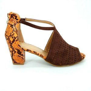 Classique Womens Lenita Sandals Block Heels Shoes Brown Snake Print Zipper 8.5 M